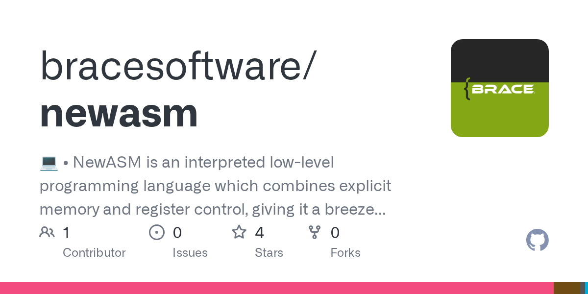 bracesoftware/newasm: 💻 • NewASM is an interpreted low-level programming language which combines explicit memory and register control, giving it a breeze of assembly-like feel, with high-level functionalities such as objects, threads and more.
